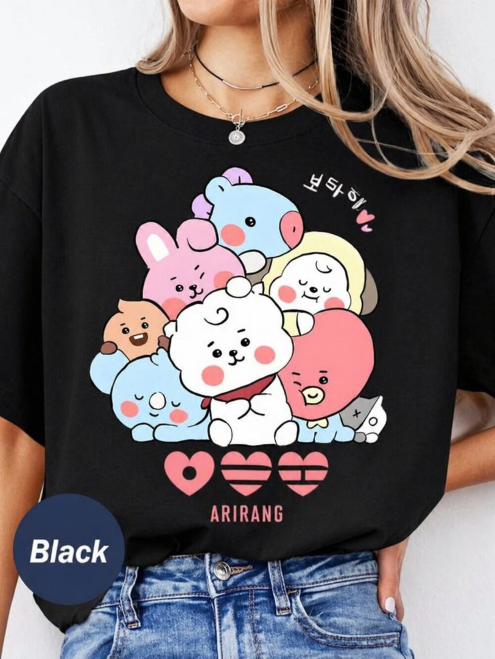 K-Pop BTS Arirang T-Shirt, BT21 Cartoon Characters Black Tee 257